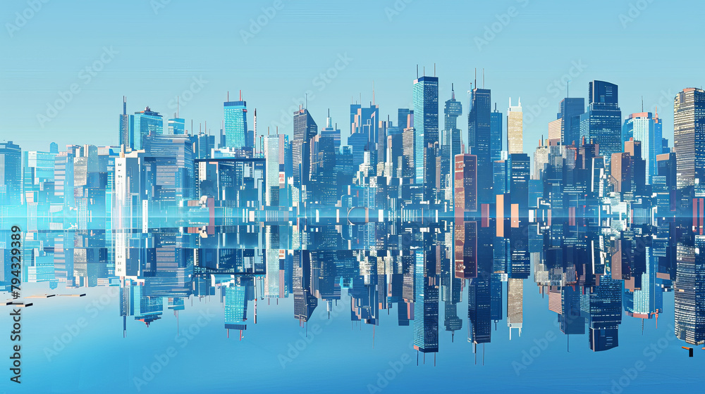 A city skyline is reflected in the water