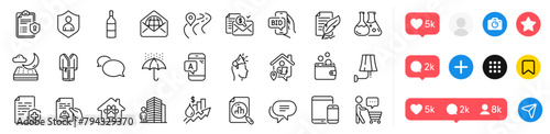 Bathrobe, Technical documentation and Ab testing line icons pack. Social media icons. Feather signature, Security, Wall lamp web icon. Brand ambassador, Bid offer, Accounting report pictogram. Vector