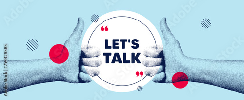 Hands showing thumb up like sign. Lets talk tag. Connect offer sign. Conversation symbol. Lets talk round frame message. Grain dots hand. Like thumb up sign. Vector
