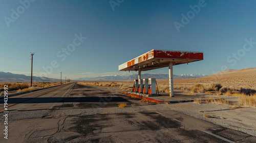 A gas station with a red roof sits in a desert