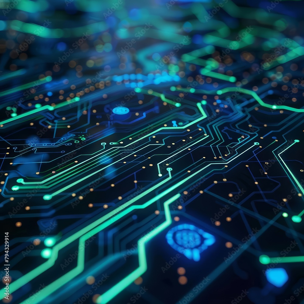 Closeup of a circuit board with glowing blue and green lines, emphasizing the intricate paths of technology on a dark background Closeup of a circuit board with glowing blue and green lines, emphasizing the intricate paths of technology on a dark background