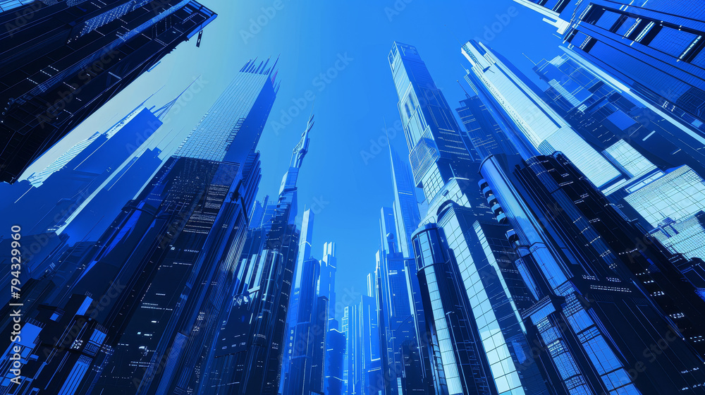 A blue cityscape with tall buildings and a clear blue sky