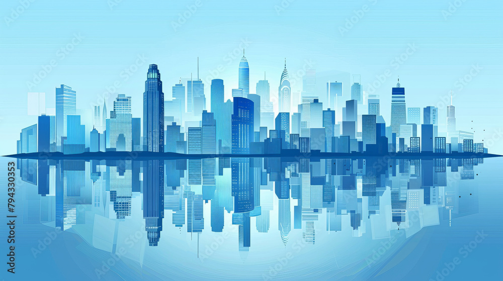A city skyline is reflected in a body of water