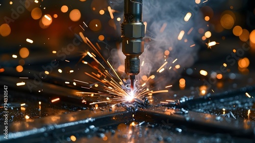 Industrial Abstract with Welding Sparks, Smoke, and Laser Engraving Technology. Concept Industrial Abstract, Welding Sparks, Smoke Effects, Laser Engraving Technology