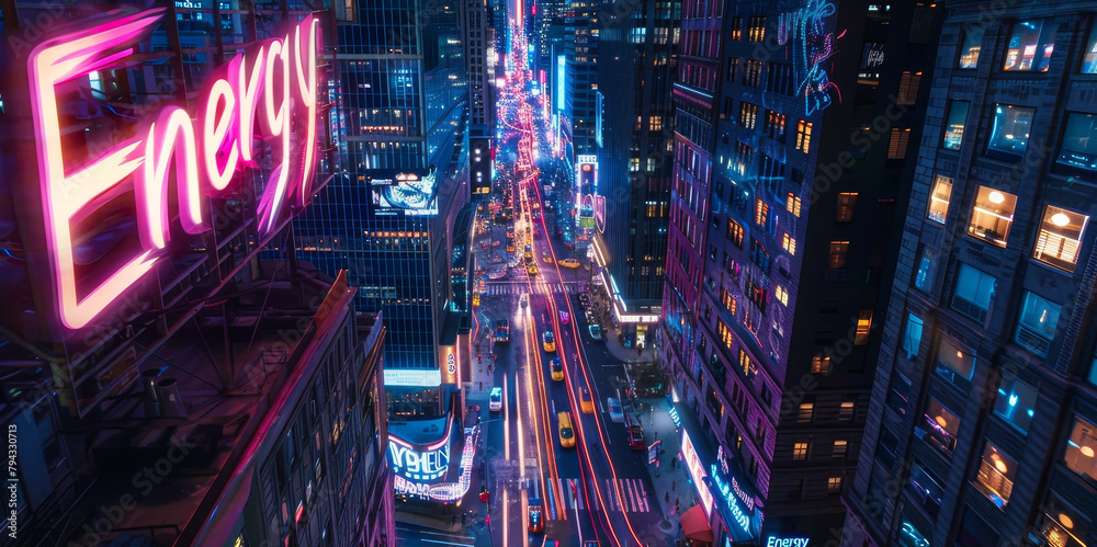A neon sign that says energy is lit up in the middle of a city