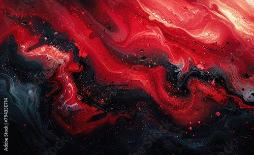 Abstract red and black swirls of liquid paint on a dark background. Created with Ai