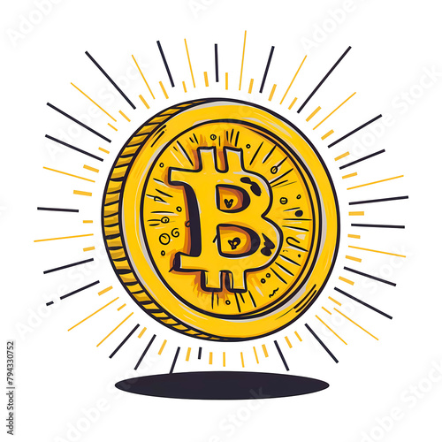 Cartoon png illustration of a golden Bitcoin coin with sparks and rays, three-dimensional object, concept of innovation and progress in the world of digital currency. Vibrant modern conceptual art  