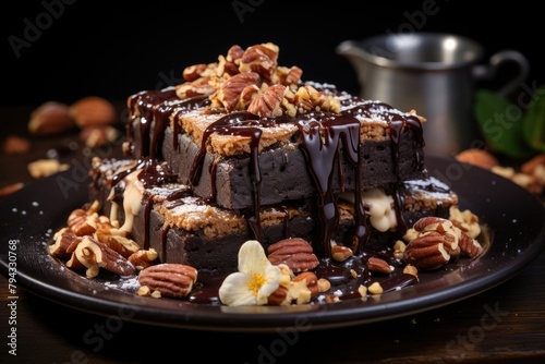 Dark chocolate brownie covered with nuts., generative IA