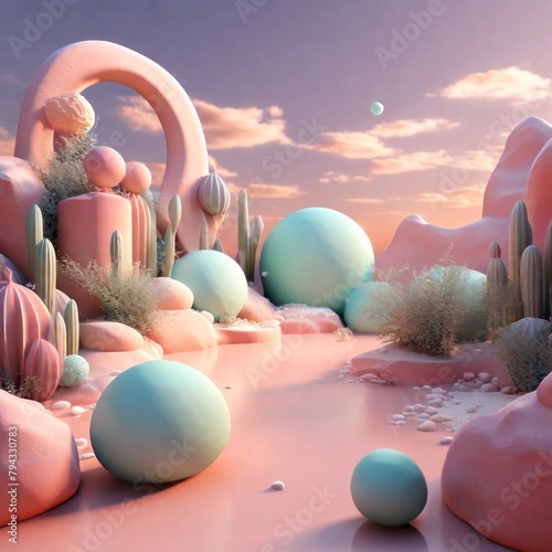 3d illustration - abstract landscape with a pink and white stones.