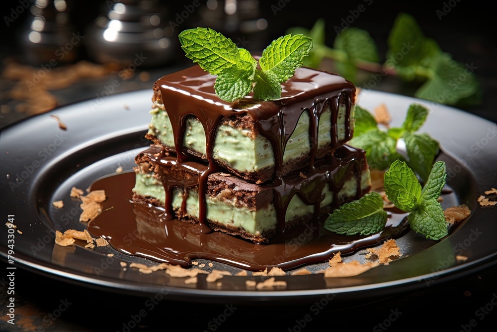 Mint brownie with fresh chocolate icing., generative IA