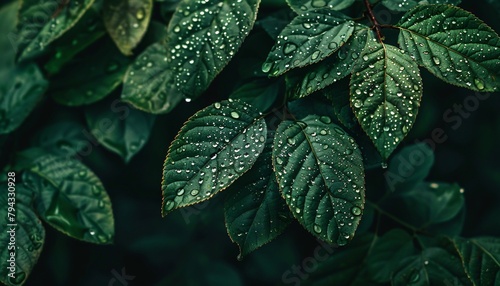 Beautiful green leaf with water drops close up background 
