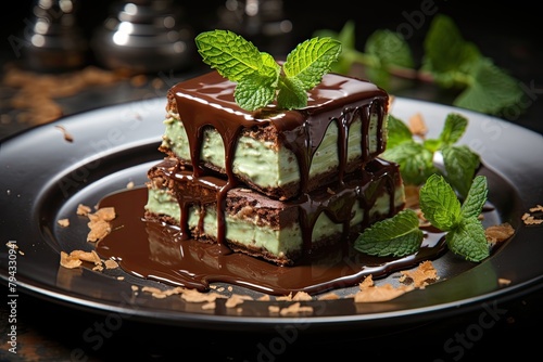 Obraz na płótnie Mint brownie with fresh chocolate icing., generative IA w salonie