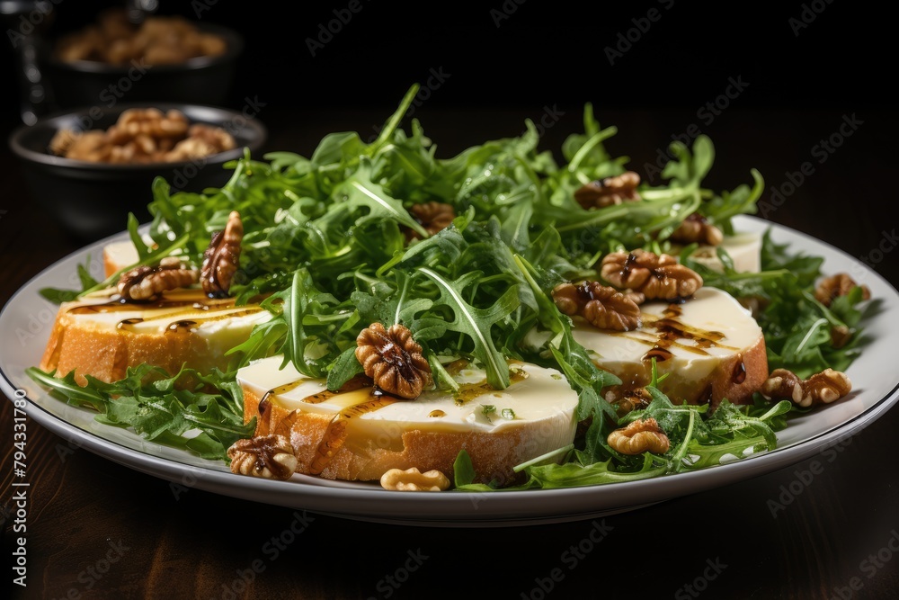 Arugula salad, goat cheese and caramelized nuts., generative IA Arugula salad, goat cheese and caramelized nuts., generative IA