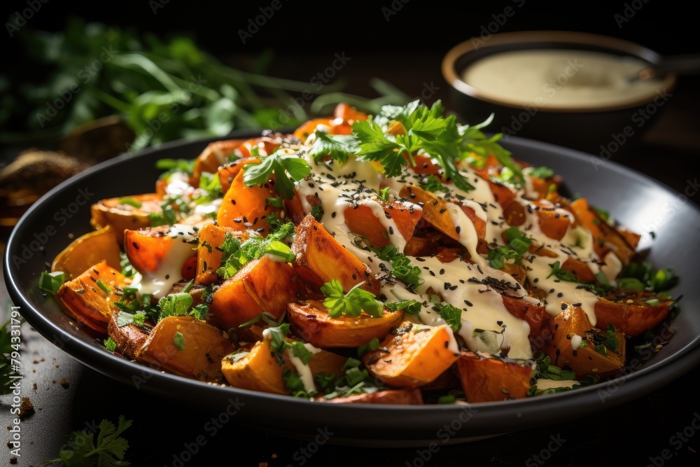 Fresh sweet potato salad with tahine sauce and spinach., generative IA Fresh sweet potato salad with tahine sauce and spinach., generative IA