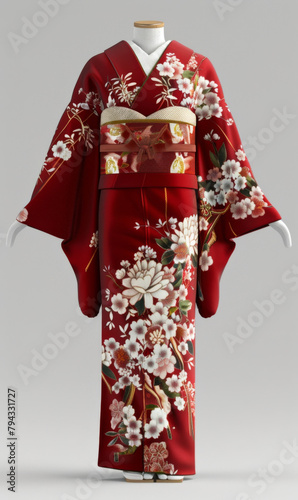 Japanese kimono yukata 3d designed, front view ad mockup, isolated on a white and gray background.