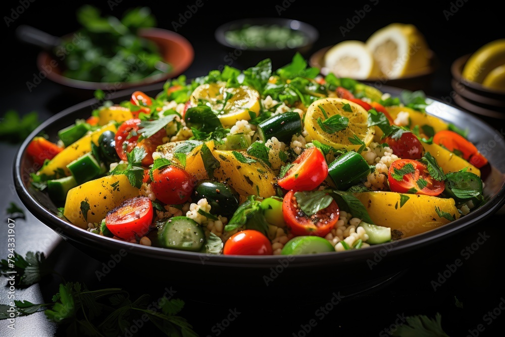 Colorful and fresh couscous salad with olives., generative IA