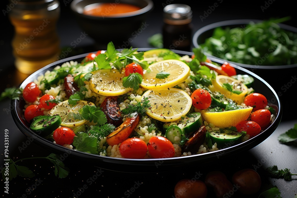 Colorful and fresh couscous salad with olives., generative IA Colorful and fresh couscous salad with olives., generative IA