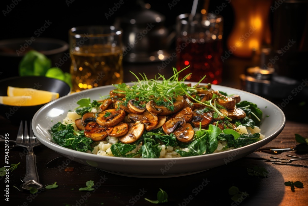 Barley salad, mushrooms and spinach, fresh and appetizing., generative IA