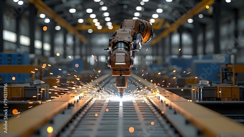 Factory robots perform automated welding with precision and efficiency in industrial settings. Concept Industrial Automation, Precision Engineering, Robotic Welding, Factory Efficiency