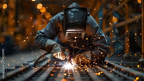 Welder in protective gear performs metal welding creating sparks in the process. Concept Metal Welding, Sparks Flying, Welder in Protective Gear, Industrial Work, Safety Precautions