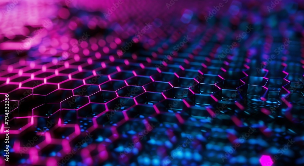 A closeup of the honeycomb pattern on carbon paper, with purple and blue neon lights creating an abstract background Generative AI