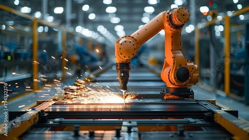 Robots in factories efficiently and precisely perform automated welding in industrial settings. Concept Manufacturing, Robotics, Welding, Automation, Industrial Engineering