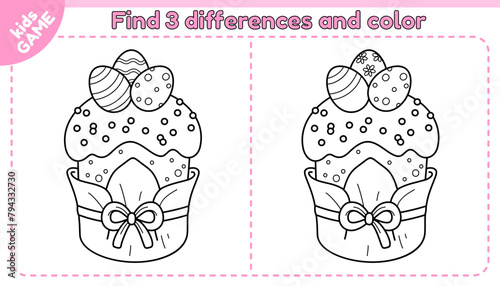 Easter kids game Find 3 differences. Cartoon Easter cake. Traditional holiday paskha decorated with a bow, painted eggs. Spot the differences. Educational puzzle for children. Vector outline design.