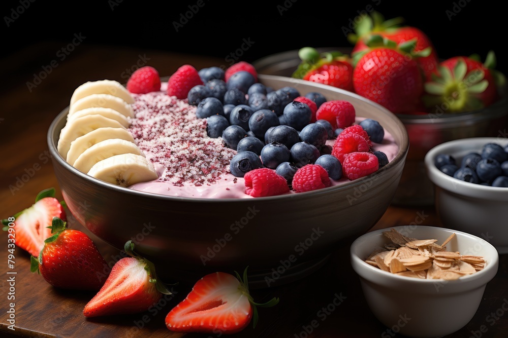 Vibrant smoothie bowl with fresh fruits and protein., generative IA Vibrant smoothie bowl with fresh fruits and protein., generative IA