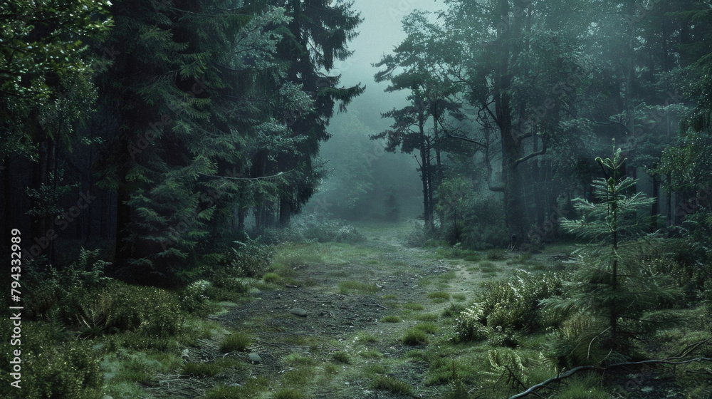 A forest path is shown in the rain, with trees lining both sides A forest path is shown in the rain, with trees lining both sides