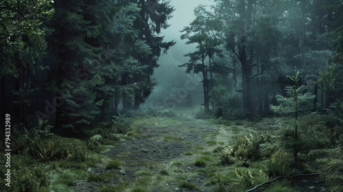 A forest path is shown in the rain  with trees lining both sides