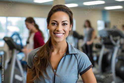A portrait of a Hispanic female physical therapist in an outpatient physical therapy clinic with patients on exercise equipment in the background.