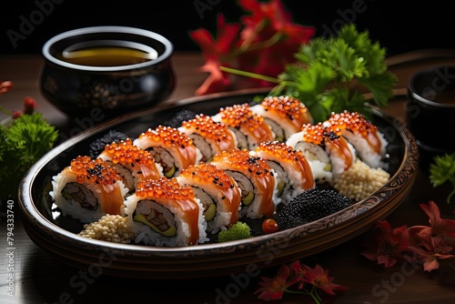 Carangue sushi with caviar, elegant and appetizing., generative IA