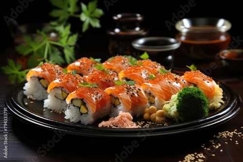 Carangue sushi with caviar, elegant and appetizing., generative IA photo