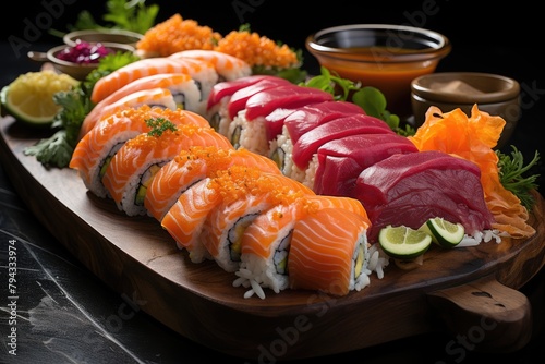 Sushi board varied, colorful and appetizing., generative IA