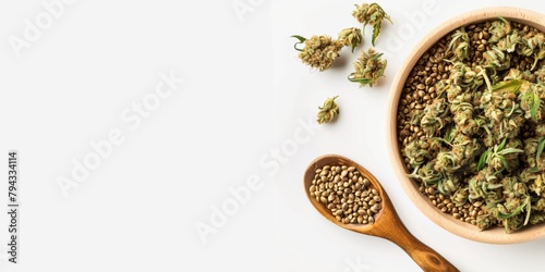 A shot of cannabis buds and cannabis seeds on a white background with copy space, in a flat lay. A banner template for product presentation or advertising design concept of natural organic food, banne