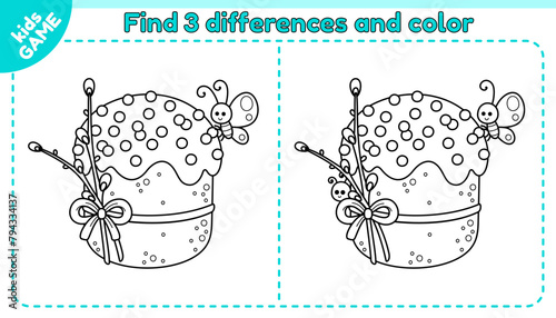 Easter kids game Find 3 differences. Cartoon Easter cake decorated with a bow, pussy willow. A cute butterfly sits on a holiday paskha. Spot the differences. Puzzle for children. Vector outline design