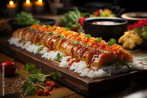 Chef assembles fresh sushi in bamboo treadmill., generative IA photo