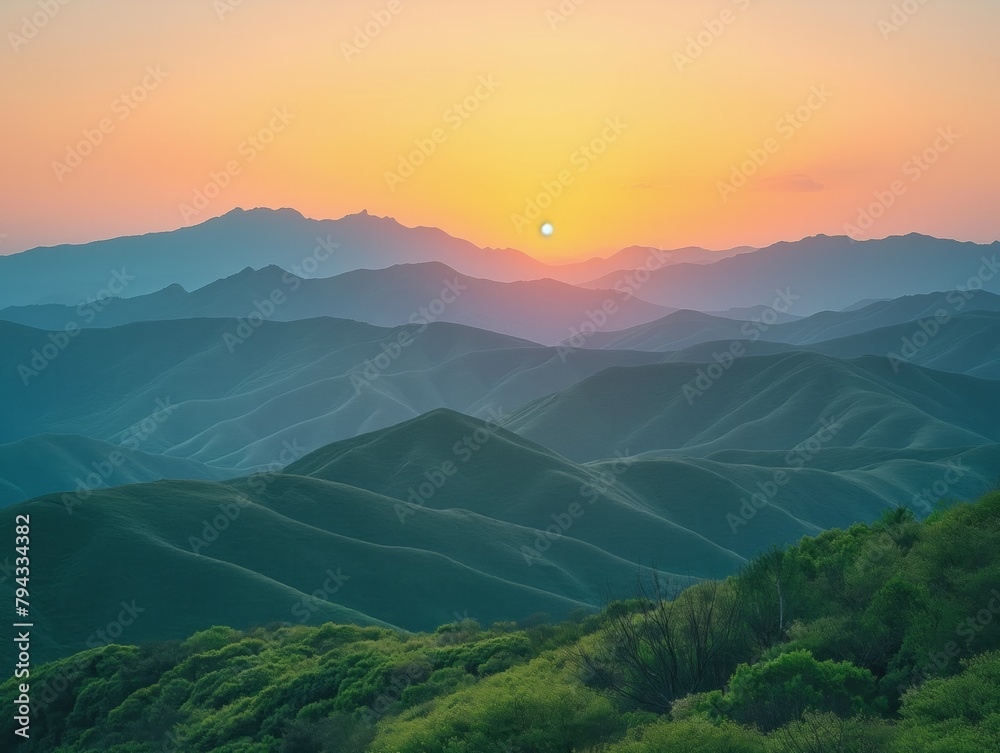 The sun is setting over the mountains, casting a warm glow over the green hills. The sky is a mix of orange and pink hues, creating a serene and peaceful atmosphere
