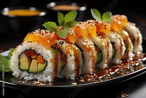 Colorful and appetizing roll sushi with cucumber, avocado and mango., generative IA