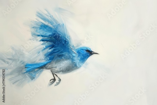 The artists brush danced, creating a vivid bluebird midflight, its wings a blur of sapphire and turquoise, soaring across a white expanse