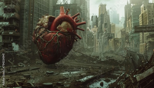 The cyberzombies heart was a hard drive, rhythmically ticking as it wandered through the wasteland of a once vibrant metropolis photo