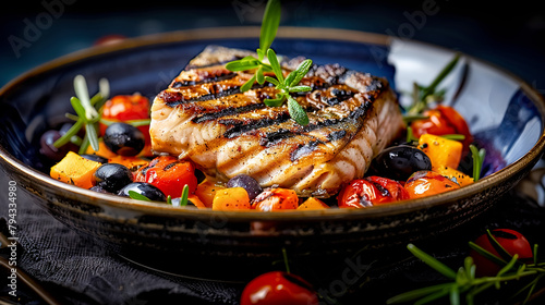 Pacific northwest grilled salmon. Salmon steak and grilled vegetables in a bowl.