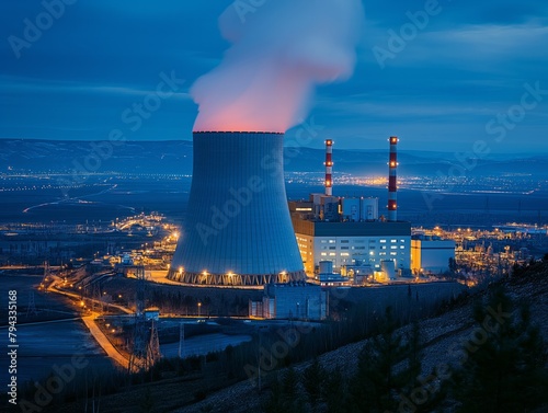 A large power plant with a tall smokestack is lit up at night. The sky is dark and the lights from the power plant are visible. The scene gives off a sense of industrialization and power photo