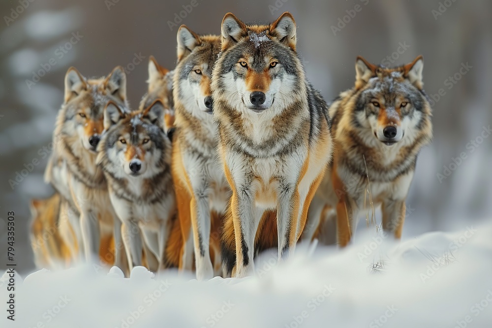 Obraz premium Yellowstone Wolf Pack Surveys Snowy Landscape in Wyoming