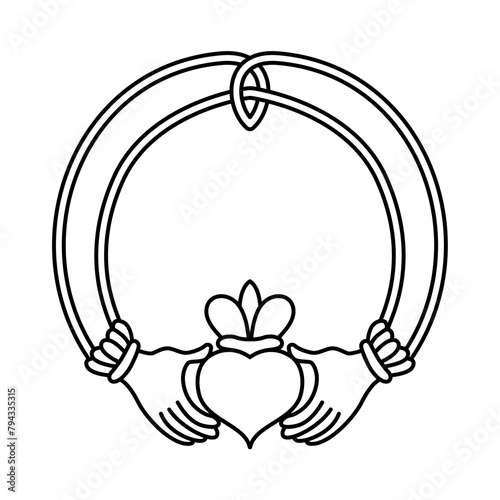The Claddagh symbol vector illustration. Traditional symbol of love, friendship and loyalty. Two clasped hands holding a crowned heart line art.