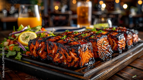 Pacific northwest grilled salmon with sauce on a wooden board in a restaurant