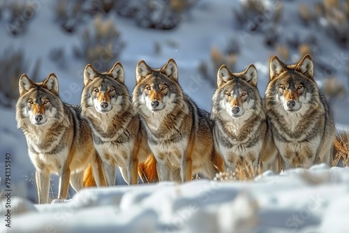 Yellowstone Wolf Pack Surveys Snowy Landscape in Wyoming © photobuay