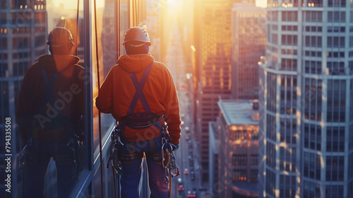Construction worker looks over city at sunrise.