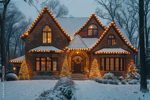 A large twostory house with lights wrapped around the windows, decorated for Christmas in winter. Created with Ai © Picture