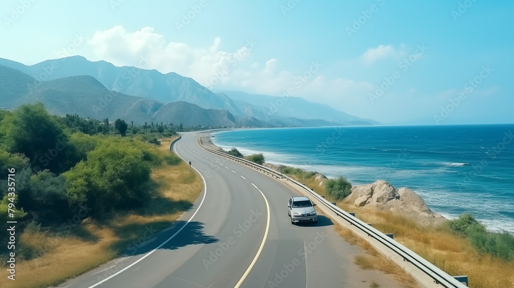 car driving on the road. road landscape in summer. it's nice to drive on the beach side highway. Highway view on the coast on the way to summer vacation. Turkey trip on beautiful travel road.